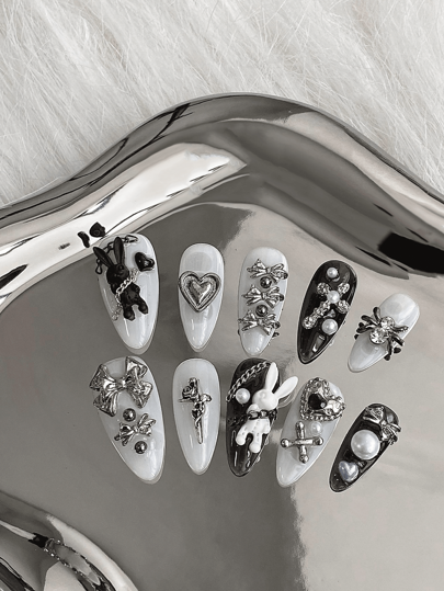 Uñas postizas elegantes de alta gama hechas a mano en blanco y negro con diseño de conejo, adecuadas para fiestas o reuniones