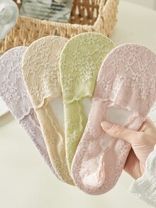 5 Pairs Women's Lace Boat Socks, Thin Cotton Blend Breathable Non-Slip Invisible Socks For Daily Wear & Commute - Multicolor - View 4