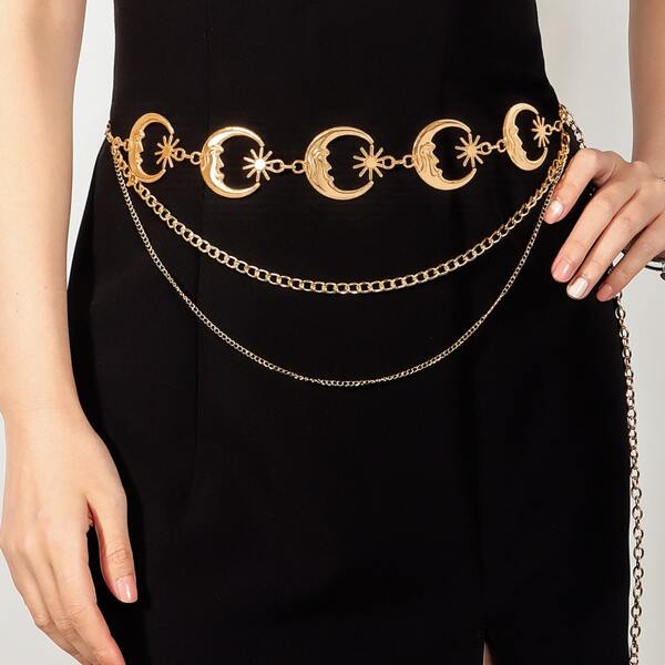 1pc Women Metal Waist Chain, Versatile Moon Decor Waist Belt, Multi-Layer Metal Cinch Belt, Dress Decor Waistband, Sexy Bikini Waist Chain, Summer Body Chain Beach Body Accessories Jewelry For Women Girls,