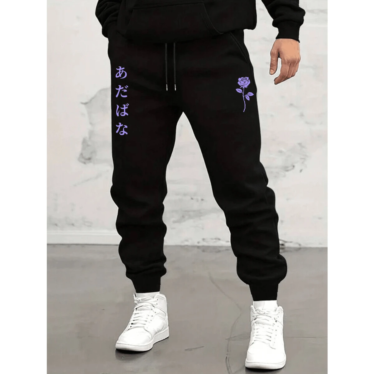 Winter Fashion Jogger Flannel Fleece Pants With Flower Writing Streetwear New Release - 黑色 - 查看 1