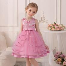 Mädchen flauschiges Kuchen-Prinzessin Kleid, Blumen-Muster Geburtstags-Party Hochzeits Abschluss Festliches Kleid - Altrosa - Übersicht 4