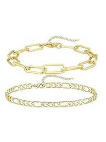 Pulseira de corrente dupla de aço inoxidável banhada a ouro 18K, 2 peças, conjunto de pulseiras minimalistas com contas vazadas, acessório versátil adequado para meninas e mulheres (quantidade de contas aleatória)