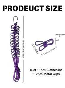Portable Elastic Retractable Clothesline With 12 Clips - Elastic PVC Coated, Length 70.87 Inch, Suitable For Outdoor Travel And Home Use, Suitable For Backyard, Resort Hotel, Balcony Clothes Drying, Travel Clothesline For Socks And Small Items | Durable Clips, Clothesline Wear Resistant