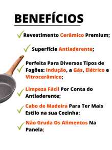 Frigideira Antiaderente de Alumínio Revestimento Cerâmico Premium 24cm Funda Cabo Madeira NÃO GRUDA