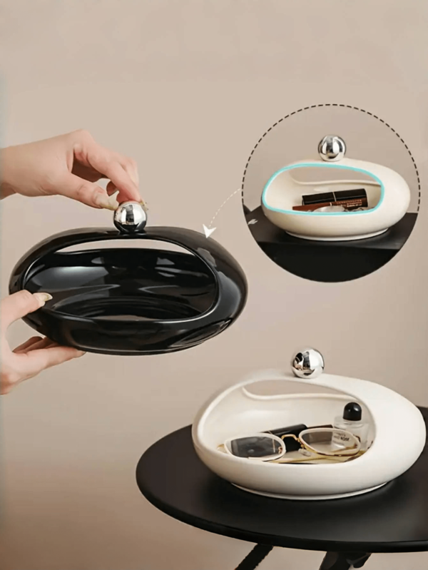 Bandeja multifuncional de cerâmica para joias com alça esférica de PET, organizador oval de mesa para chaves, lanches, copos e cápsulas de café - acessório de decoração elegante para entrada, quarto e banheiro