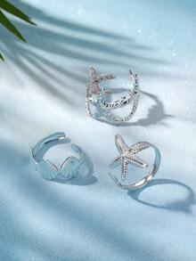 3pcs Metal Ocean Series Rings Set - 3D Starfish & Shell Adjustable Rings, Suitable For Women To Wear In Parties, Weddings, Vacations, Gifts For Girlfriend - Silver - View 14