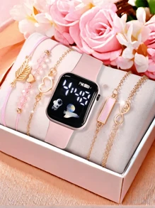 6 Pcs Cute Elegant Ladies Digital Watch Square Simple Digital Watch Best Bracelet Set Ladies Jewelry Set