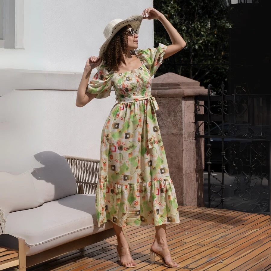 Vestido de verano informal de mujer con estampado 3D floral diminuto y mangas de murciélago para vacaciones - Amarillo - Ver 1