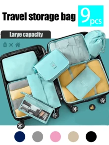 Juego de 9 en 1 Organizador de almacenamiento de viaje, cubos de embalaje plegables para el equipaje que incluyen bolsa de aseo, bolsa de maquillaje, bolsa de ropa interior, bolsa de zapatos, organizador de lencería y calcetines, bolsas de almacenamiento plegables para la ropa, adecuado para maletas