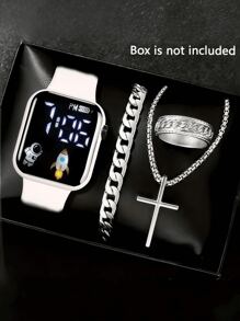 1 pièce Montre numérique carrée pour homme et 3 pièces Bracelet Collier Bague, le meilleur cadeau pour Halloween