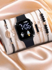 6 件可爱优雅女士电子表方形简约电子表最佳手链套装女士首饰套装 - 彩色 - 查看 18