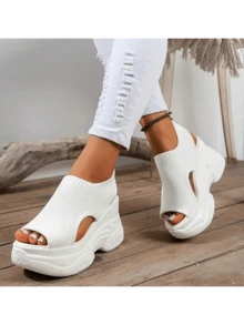 Sandalias ortopédicas de cuña para mujer, sandalias de plataforma con tiras al tobillo y punta abierta de verano, zapatos casuales - Blanco - Ver 4