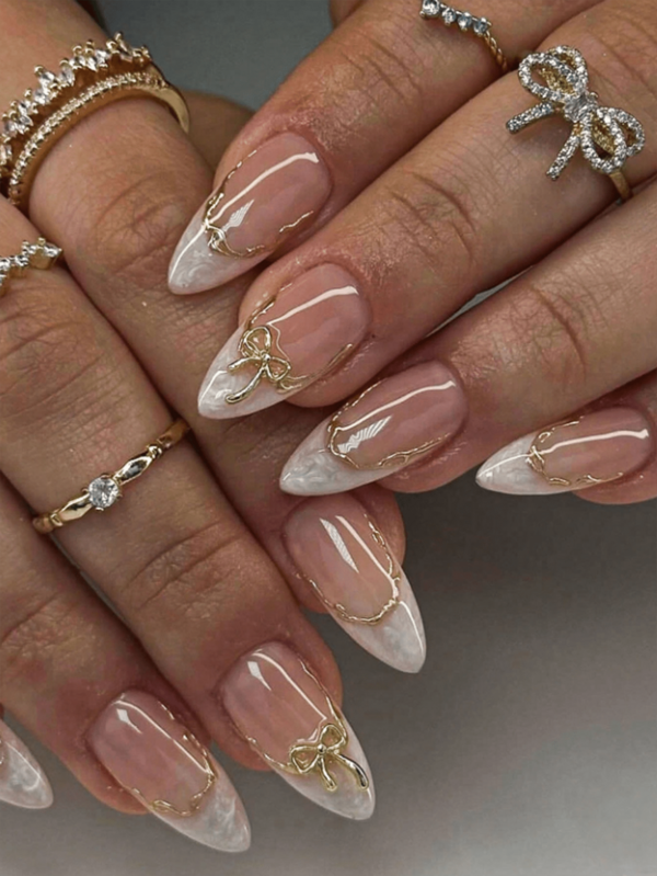 MXYIYANR 10Pcs Almond Shape Handmade Vine Gold Edge Silver/White Spiral Cute Luxury Bowknot Spring Fresh Style Nail Stickers Press-On Nails With Jelly Glue And Nail File Nail Supplies Nails