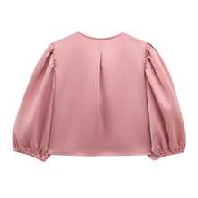Braided Bow Strap Cute Commuter Lantern Sleeve Women's Top - Pink - View 2