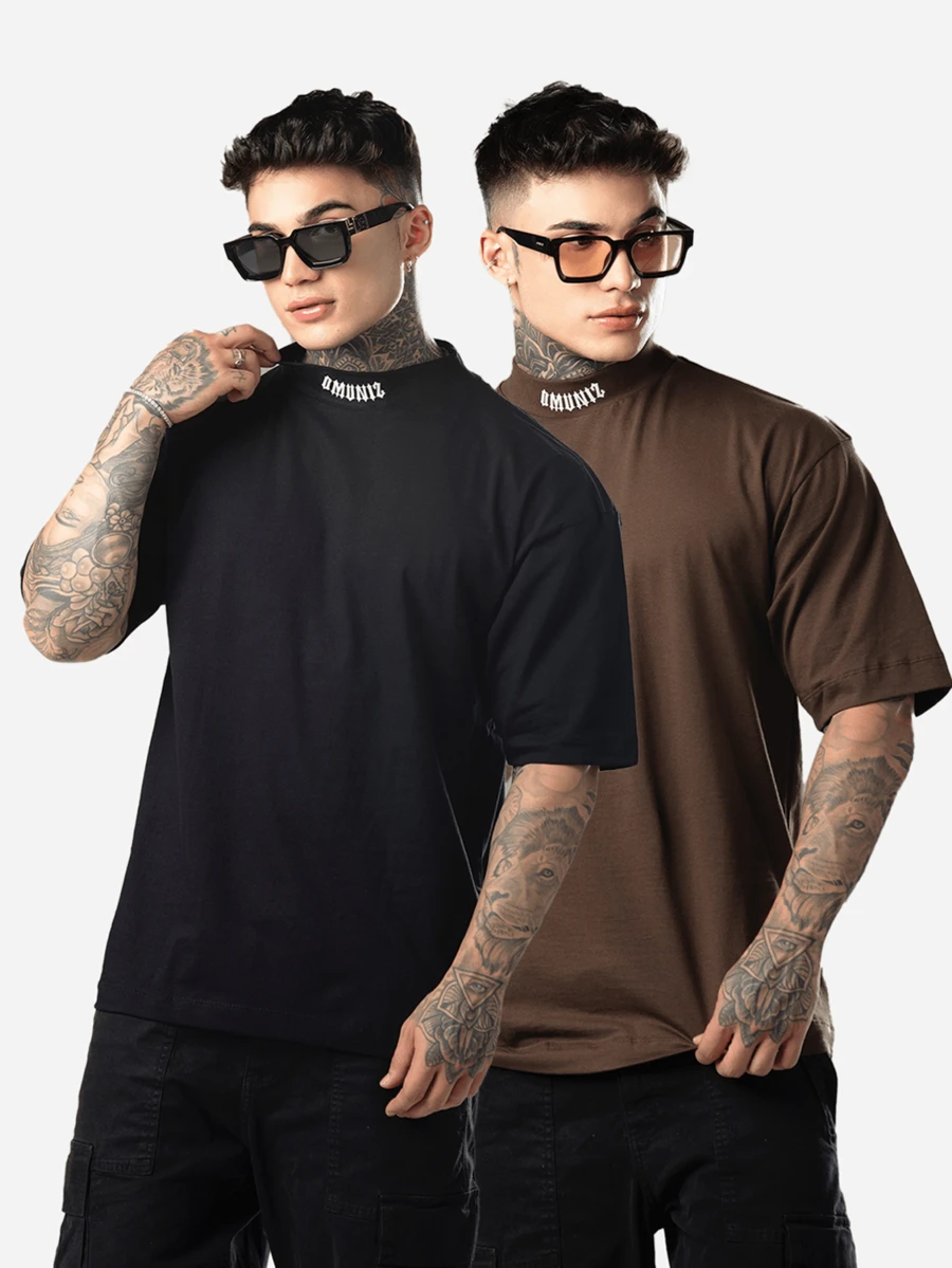 DMUNIZ Oversized Streetwear Turtleneck T-Shirts With Glorious Print On The Collar - Svart/Brun - Visa 1