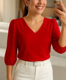 Women's Formal Blouse With Elegant Tailored Sleeves Plus Size - 紅色 - 查看 4