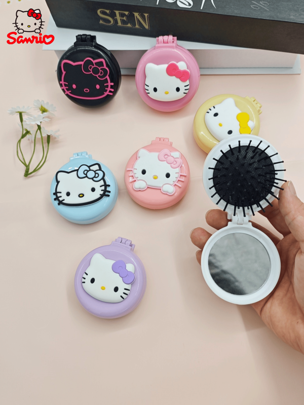 Sanrio Sanrio Hello Kitty Kuromi Air Cushion Folding Comb With Mirror - Portable Scalp Massage Hair Brush For Women, Cute Pastel Colors, Compact Travel Mirror Design For Handbags/Purse, Gift For Girls