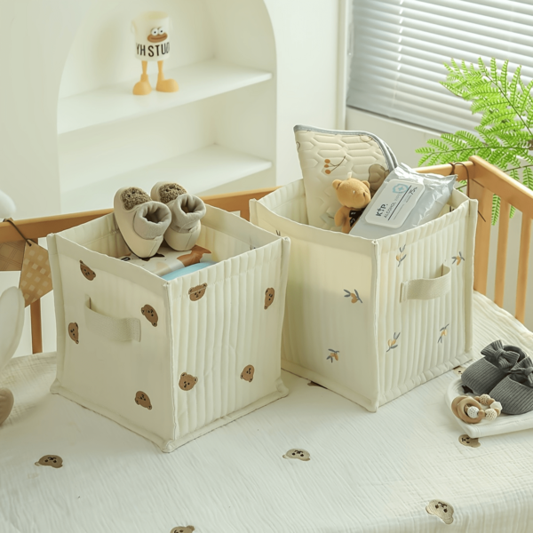 Cute Bear & Olive Embroidered Storage Basket, Organizer For Baby Bottles, Diapers, Toys