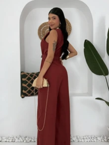 V-Neck, Thin-Strap, Wide-Leg Jumpsuit With Tailored Belt - 紅陶 - 查看 1