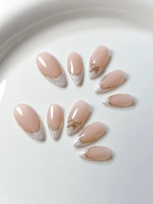MXYIYANR 10片杏仁形手工藤蔓金邊銀色/白色螺旋可愛奢華蝴蝶結春季清新風美甲貼紙，穿戴甲貼，含果凍膠與指甲锉，美甲用品 - 彩色 - 查看 3