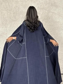 时尚中东迪拜女士长袍 Abaya 开衫牛仔效果长袍 - 深藍色 - 查看 3