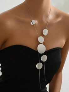 GARMEND 1pc Hollow Geometric Disc Long Chain Necklace - Silver - View 2