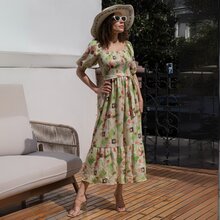 Vestido de verano informal de mujer con estampado 3D floral diminuto y mangas de murciélago para vacaciones - Amarillo - Ver 2