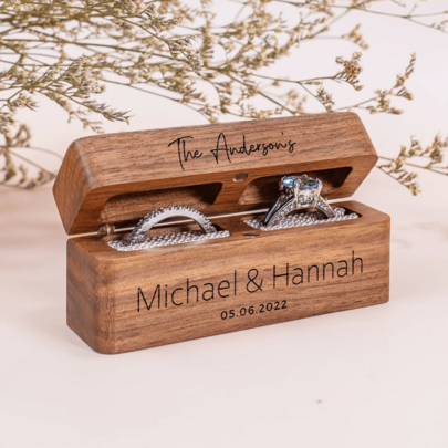 1 Pc Custom Personalized Wedding Ring Box, Wide Wood Double Ring Box, Ring Bearer Box, Slim Unique Ring Holder, Ring Box Proposal, Ring Box With Magnetic Attachment, Modern Rustic Wedding, Multi-Functional, Anti-Mold, Ornamental, Seal, Exquisite, Stylish, High-Quality, Adorable, Modern, Custom, Unique, Personalized,Personal Items