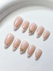 MXYIYANR 10片杏仁形手工藤蔓金邊銀色/白色螺旋可愛奢華蝴蝶結春季清新風美甲貼紙，穿戴甲貼，含果凍膠與指甲锉，美甲用品 - 彩色 - 查看 4