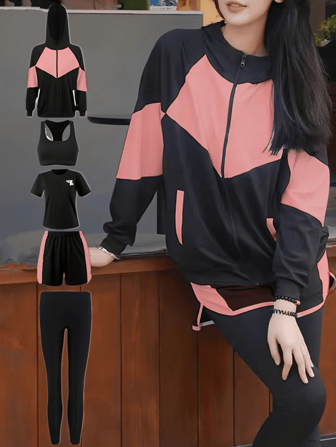 Women's 5pcs Moisture-Wicking Sports Suit - Yoga Bra, Zip-Up Hooded Loose Sweatshirt With Pocket, Breathable Short Sleeve T-Shirt, Slim-Fit Jogger Pants, Pocket Shorts