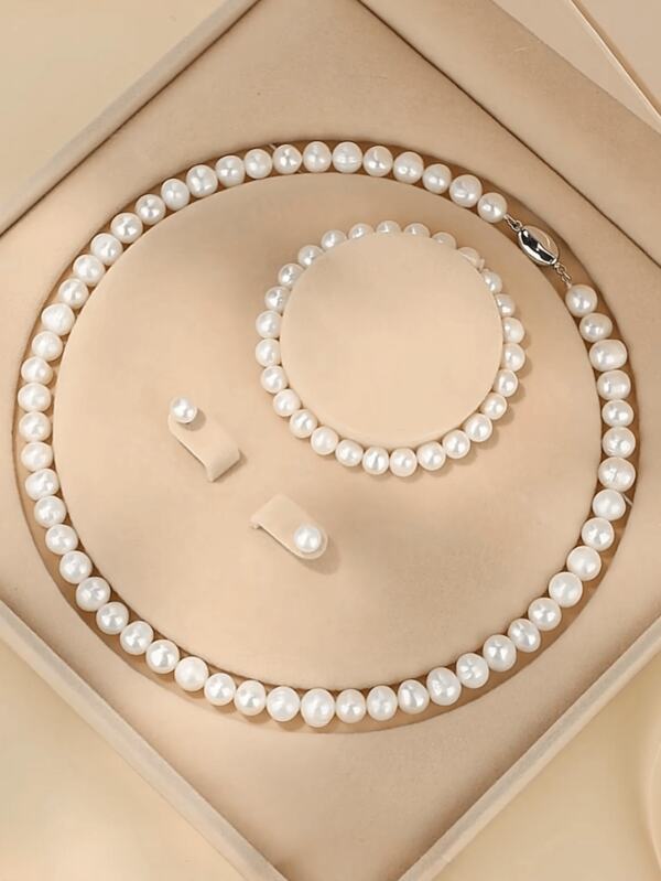 4 Peças Conjunto de Joias Elegante com Pérolas, Colar com Fecho Basculante de Prata 925, Conjunto de Pulseira, Brincos com Pérolas de 6 mm, 8 mm, 10 mm, Design Minimalista e da Moda, Adequado para Meninas, Mulheres, Mães, Presente para o Dia dos Namorados, Caixa de Presente Pequena (Quantidade de Pérolas Aleatória)