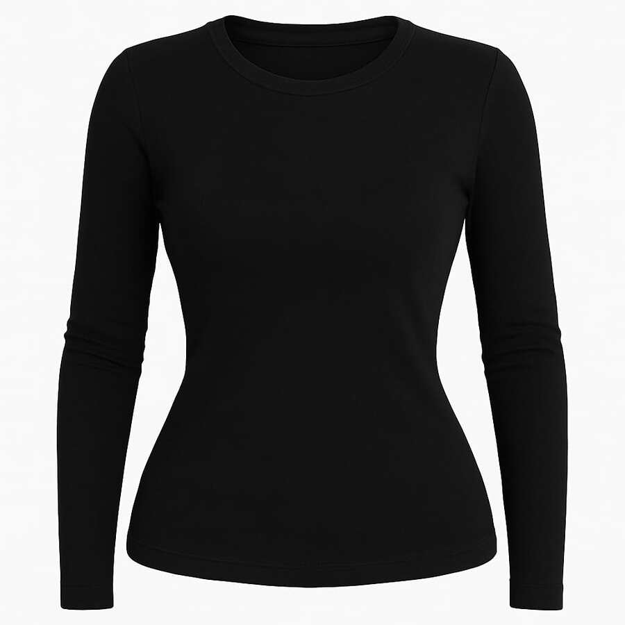 Women's Basic Long Sleeve Cotton Blouse - 黑色 - 查看 1