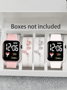 4 件套女孩卡通心形、方形、数字设计手表和 2 条手链，非常适合情人节、圣诞节、学校毕业礼物
