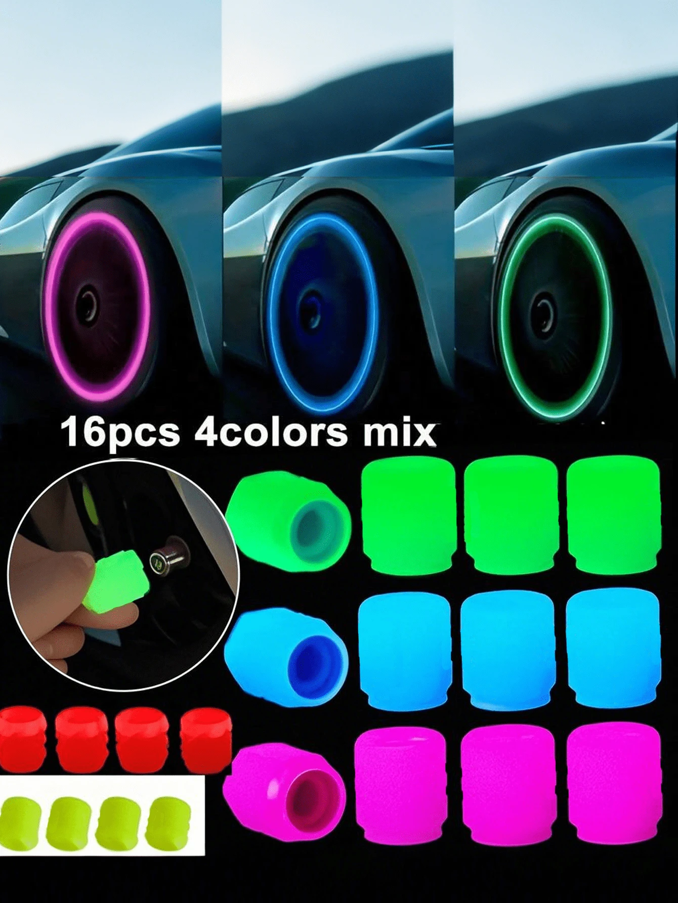 Universal Fluorescent Glow In The Dark Car Tire Valve Stem Caps Covers