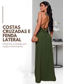 Plain Long Dress Slit Cross Back Adjustable Straps Party Wedding Bridesmaid GuestSimpleCasualCuteElegantSexyBohoVintageClothCrossoverZipperLong Dress Bare BackBeachNightWeddingBaby ShowerFormal & EveningPhotoshootSummer - 軍綠色 - 查看 3