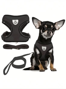 Juego de correa y collar con sistema antifuga, ajustable al pecho y espalda, con cinta reflectante de seguridad, hecho de material de malla suave y transpirable para mascotas, gatos y perros