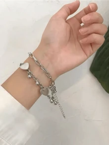 1 件女士金属合金心形和铃铛多层链条手链 - 銀色 - 查看 4