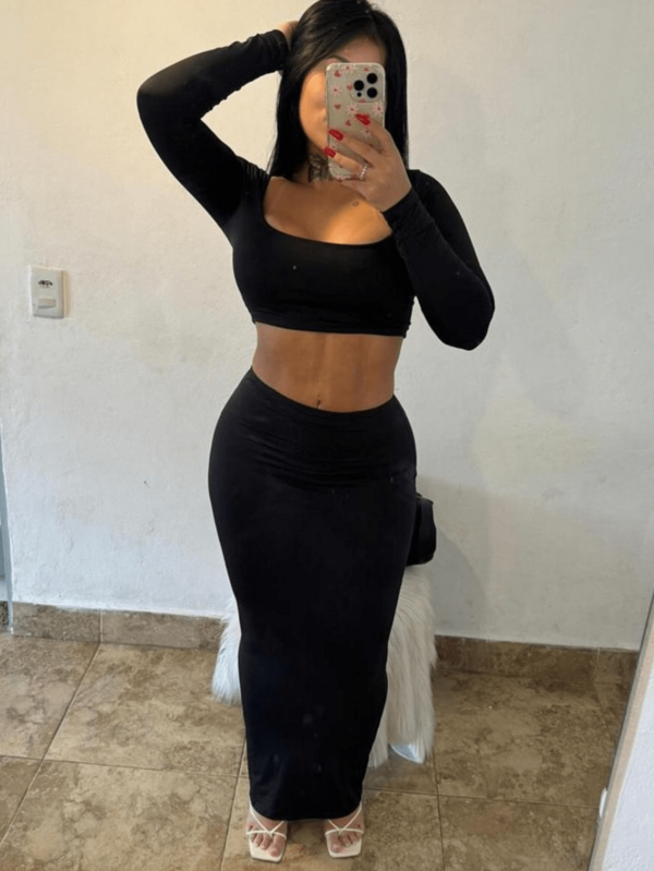 Conjunto Feminino Longo Cropped Manga Longa Gola Quadrada Saia Tubinho conjunto sexy conjunto elegante conjunto noite conjunto com saia longa conjunto verão conjunto inverno conjunto moderno