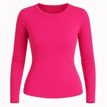 Women's Basic Long Sleeve Cotton Blouse - Hot Pink - View 1