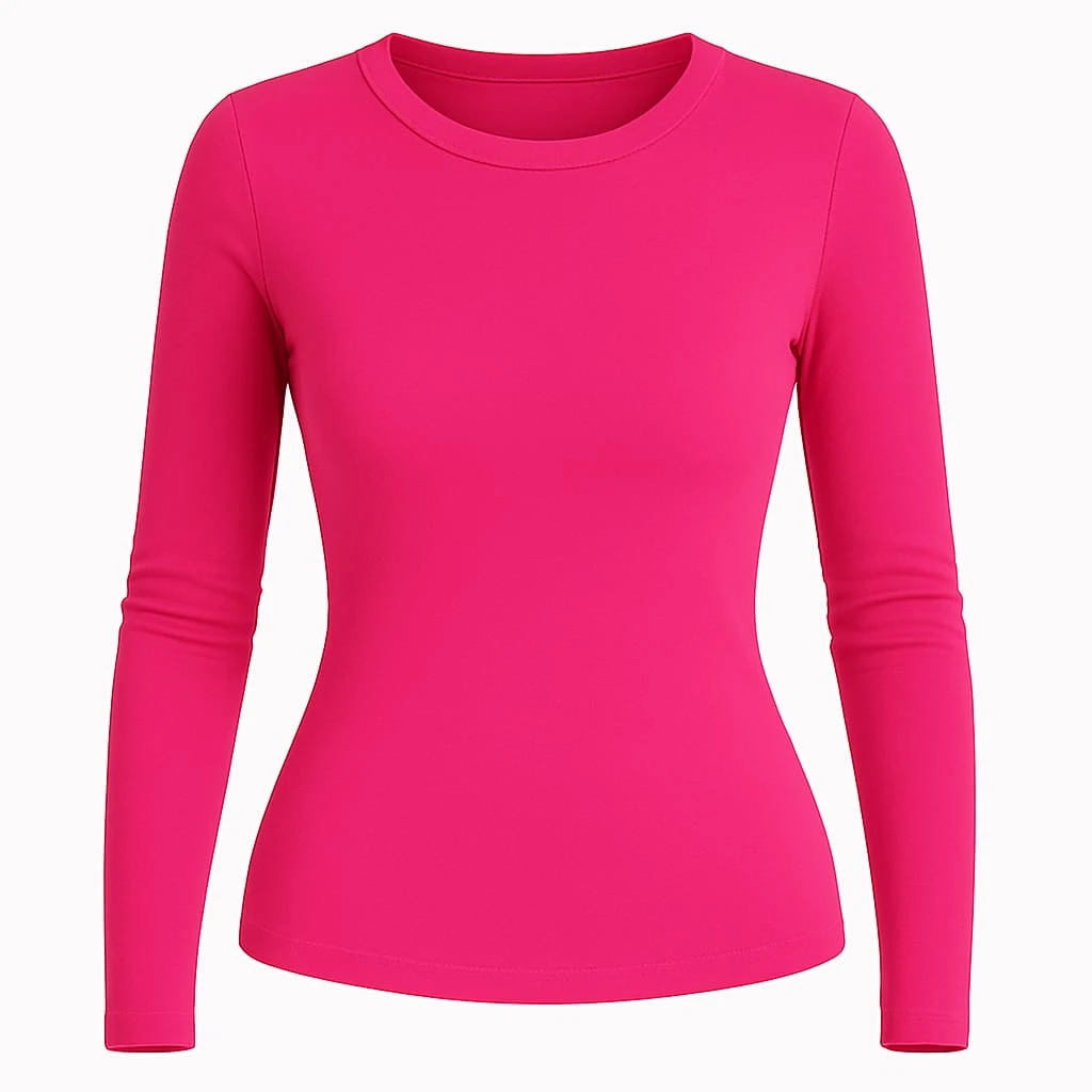 Women's Basic Long Sleeve Cotton Blouse - Hot Pink - View 1