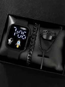 1 pièce Montre numérique carrée pour homme et 3 pièces Bracelet Collier Bague, le meilleur cadeau pour Halloween