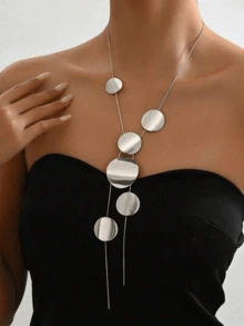 GARMEND 1pc Hollow Geometric Disc Long Chain Necklace - Silver - View 1