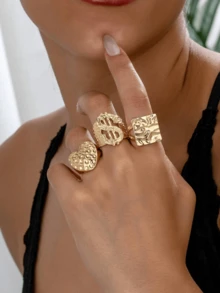 Exaggerated Luxurious Dollar Sign Heart Square Hammered Women's Ring Set - 3 Rings - View 1