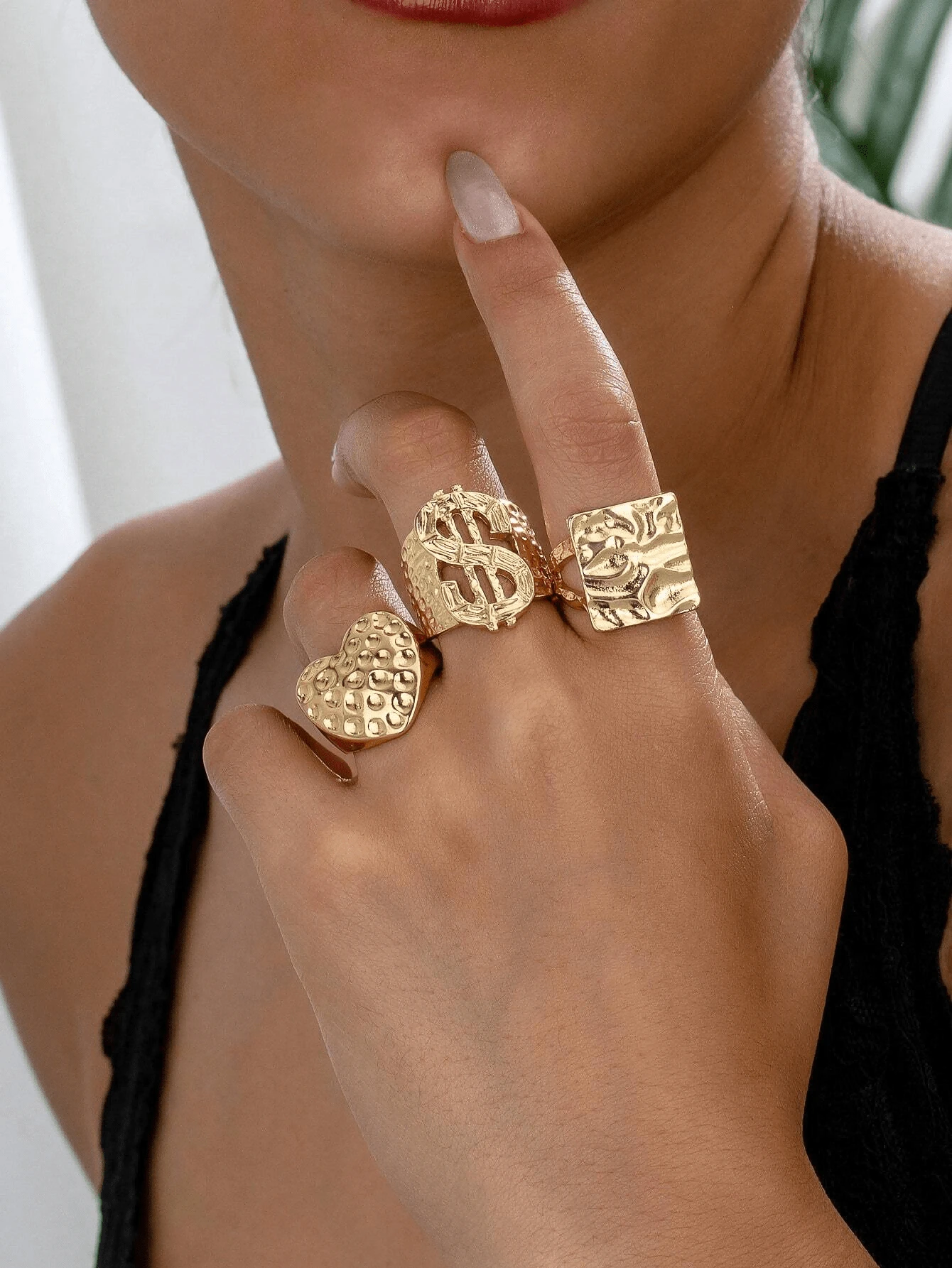 Exaggerated Luxurious Dollar Sign Heart Square Hammered Women's Ring Set - 3 Rings - View 1