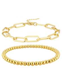 Pulseira de corrente dupla de aço inoxidável banhada a ouro 18K, 2 peças, conjunto de pulseiras minimalistas com contas vazadas, acessório versátil adequado para meninas e mulheres (quantidade de contas aleatória)