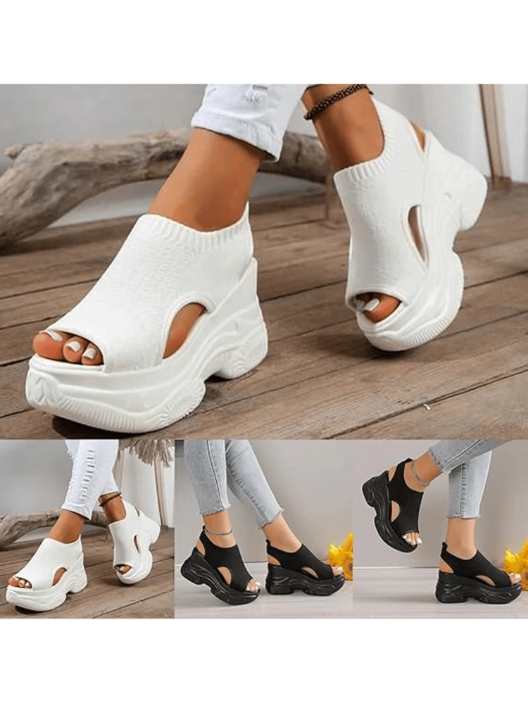 Sandalias ortopédicas de cuña para mujer, sandalias de plataforma con tiras al tobillo y punta abierta de verano, zapatos casuales - Blanco - Añade 5