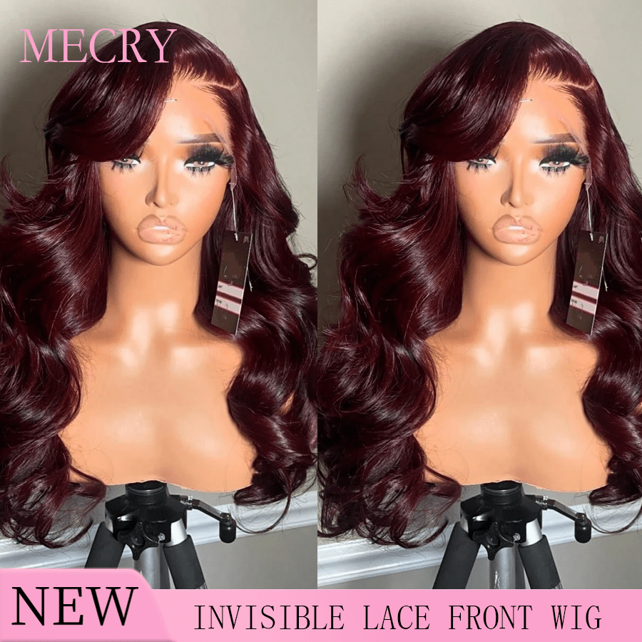 MECRY Weinrot Burgunder & Rötlich 91 cm 200% Dichte Natürliche Farbe 33x10 cm Spitzenfront Perücken Echthaar Körperwelle HD Spitzenfront Perücken Echthaar Vorgezupft Mit Baby Haar Natürliche Farbe Echthaar Spitzenfront Perücken Für Frauen Gemischtes Haar