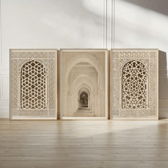 3pcs Vintage Place Of Worship Islamic Wall Art Canvas Art Set Posters - Unframed Religious Architecture Wall Arts Decor For Living Room, Bedroom, Office - Perfect Gift For Muslim Home & Cafe. Optional Frame