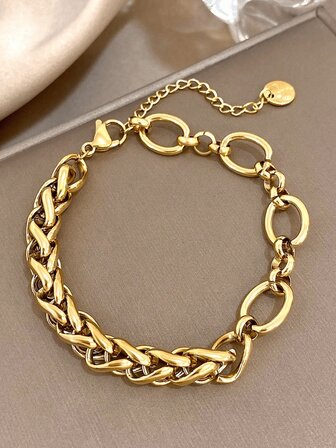 1Pc Golden Retro Charm Bracelet With Geometric Circle, 18K Gold Plated Stainless Steel Fade-Resistant Tennis Chain Jewelry, Mom Gift Christmas Thanksgiving Halloween Wedding Rave/Prom/Party/Daily Accessories Gift For Anniversary Valentine's Day Boho Jewelry Birthday Bridesmaid Gifts