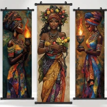 Juego de 3 impresiones de arte en lienzo de mujeres africanas, estilo clásico art déco - con o sin marco, pósteres de arte mural moderno, decoración de pared de tinta colgante, orientación retrato, uso interior/exterior, ideal para sala de estar, dormitorio, comedor - pósteres de alta calidad y resistentes a la decoloración